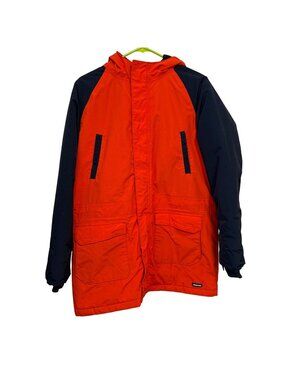 Lands End Kids Waterproof Squall Jacket XL 18-20 Orange/Navy With Hood & Fleece